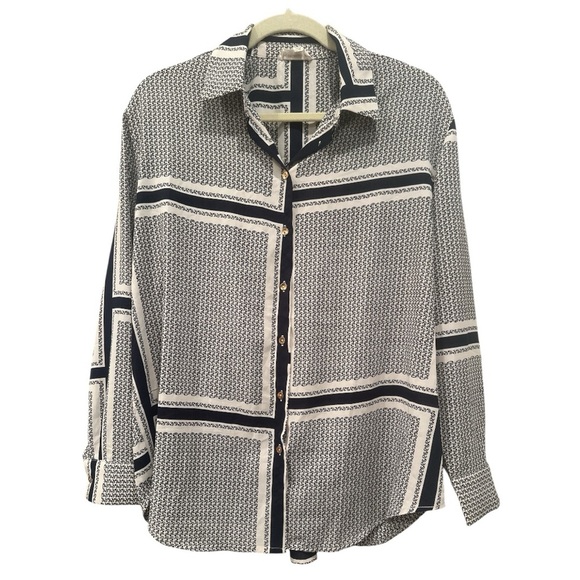 Eesome Navy/White Button Down Gold Tone Buttons Lightweight Career Oversized Med - Picture 1 of 8